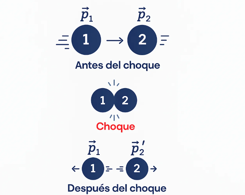 Diagrama de dos bloques antes y después de una colisión, mostrando la conservación del momento.
