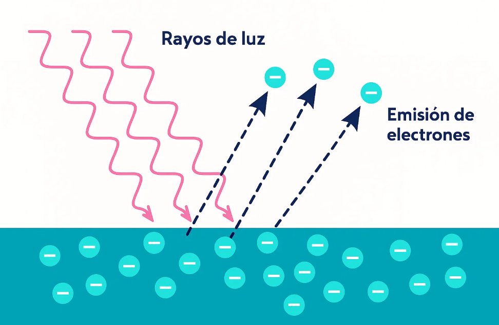 Ilustración del efecto fotoeléctrico mostrando fotones liberando electrones de un metal.