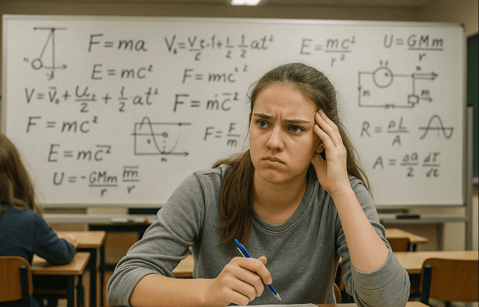 Un estudiante mirando con cara de confusión una pizarra llena de fórmulas complejas