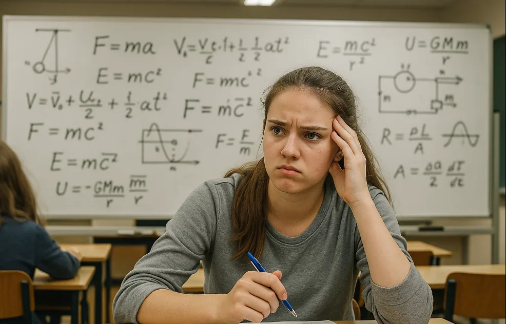 Un estudiante mirando con cara de confusión una pizarra llena de fórmulas complejas