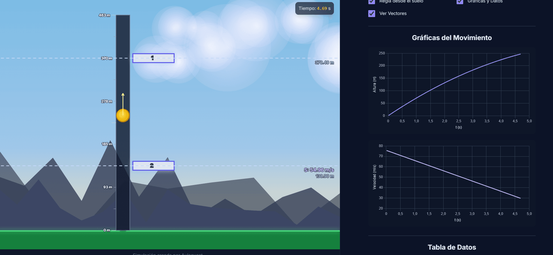 Vista previa de la simulación de lanzamiento vertical