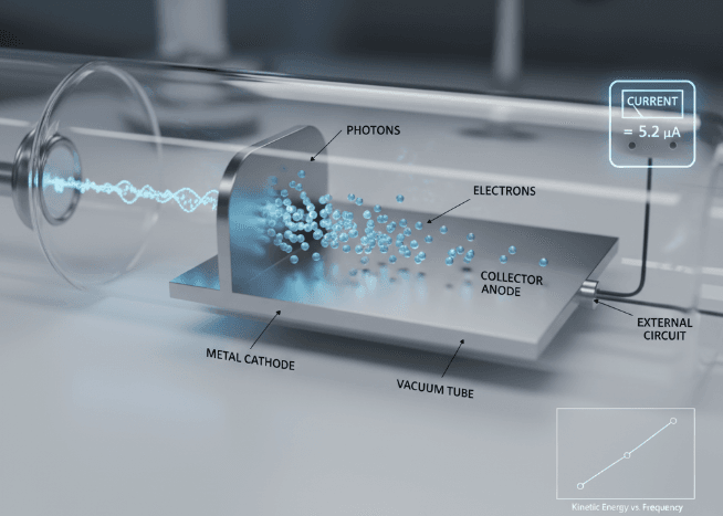 Ilustración detallada del efecto fotoeléctrico, mostrando fotones incidiendo sobre un cátodo de metal dentro de un tubo de vacío, liberando electrones que son recolectados por un ánodo