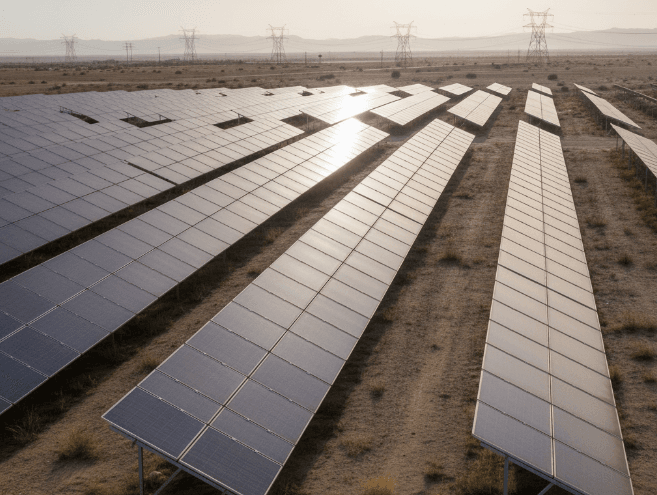 Extenso campo de paneles solares reflejando la luz del sol durante un atardecer, mostrando una aplicación a gran escala del efecto fotoeléctrico.