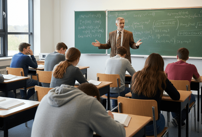 Profesor de espaldas frente a una pizarra compleja, con alumnos desenfocados y con aspecto de estar aburridos en sus pupitres.