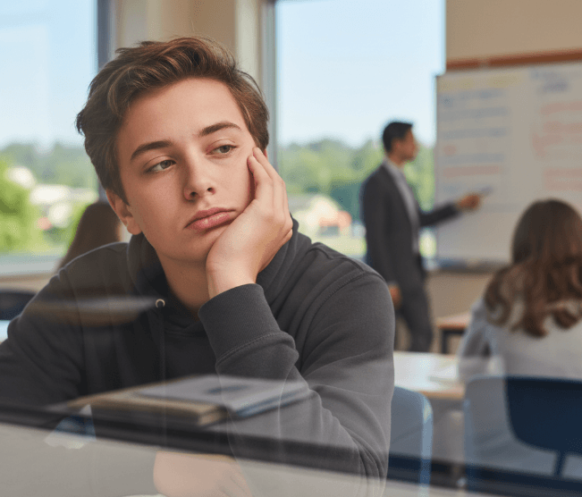 Primer plano de un estudiante adolescente apoyado en su mano, mirando por la ventana con expresión de aburrimiento mientras la clase ocurre desenfocada al fondo.