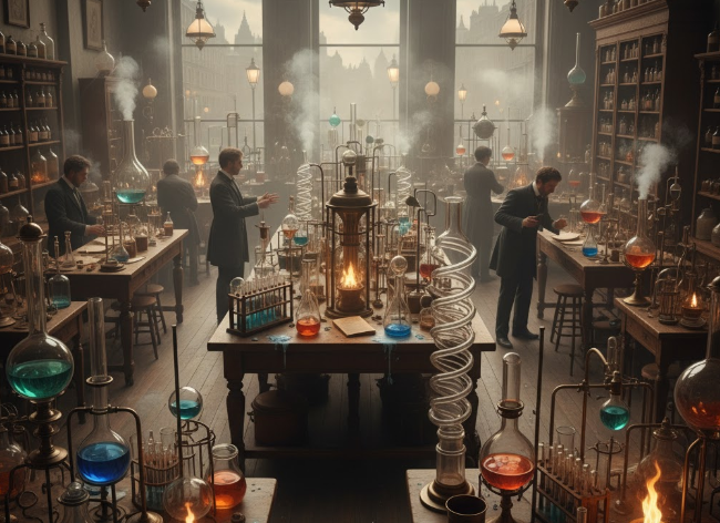 Un laboratorio de química de estilo victoriano, lleno de frascos de vidrio, tubos de ensayo y un aire de misterio y descubrimiento.