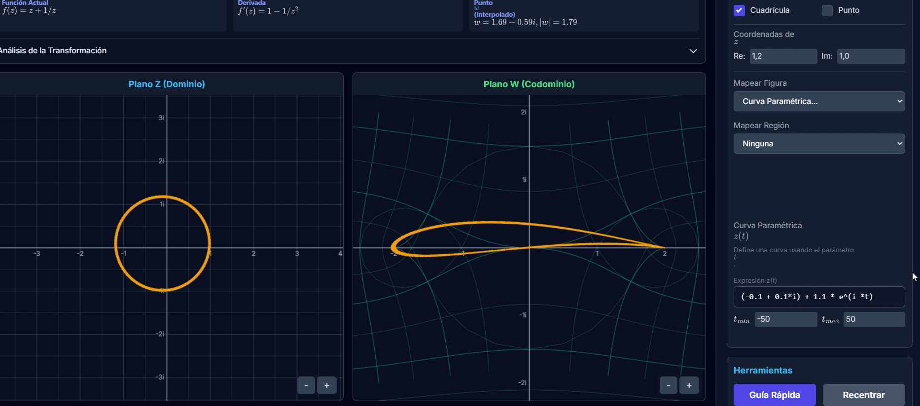 Vista previa de la Simulación de transformación en el plano complejo