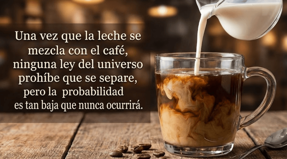 Leche mezclándose con café ilustrando irreversibilidad termodinámica