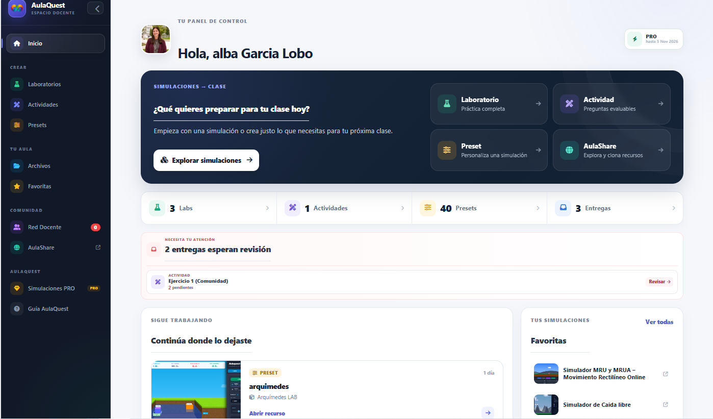 Dashboard docente de AulaQuest