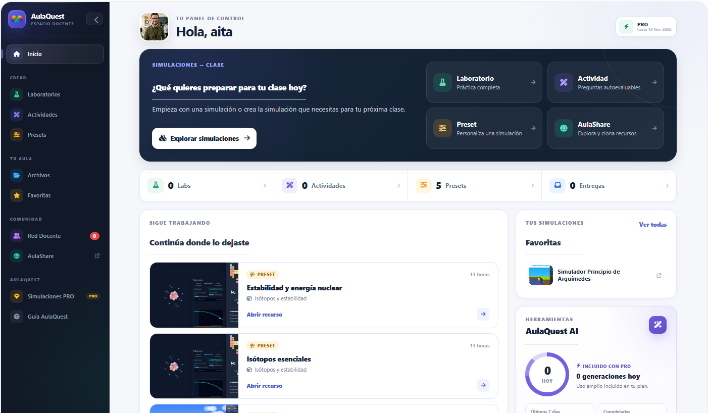 Dashboard docente de AulaQuest